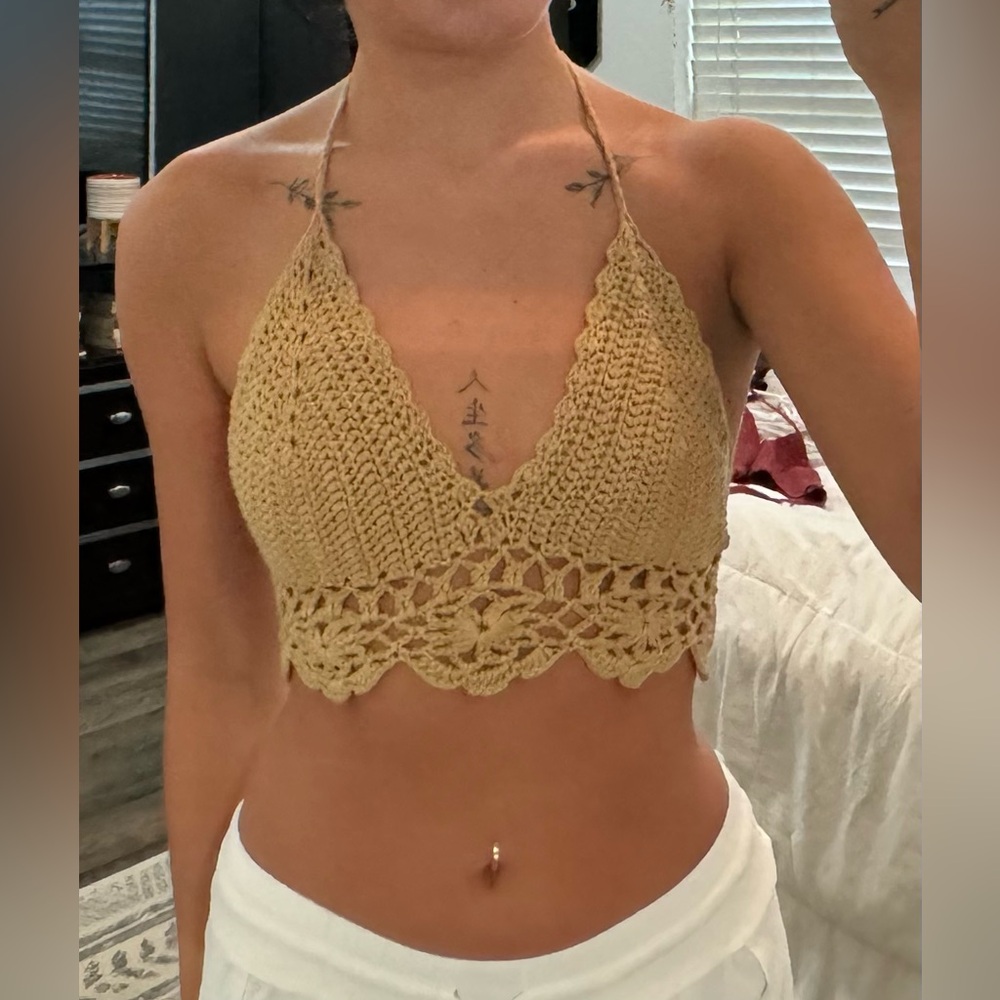 Tan crochet tie top